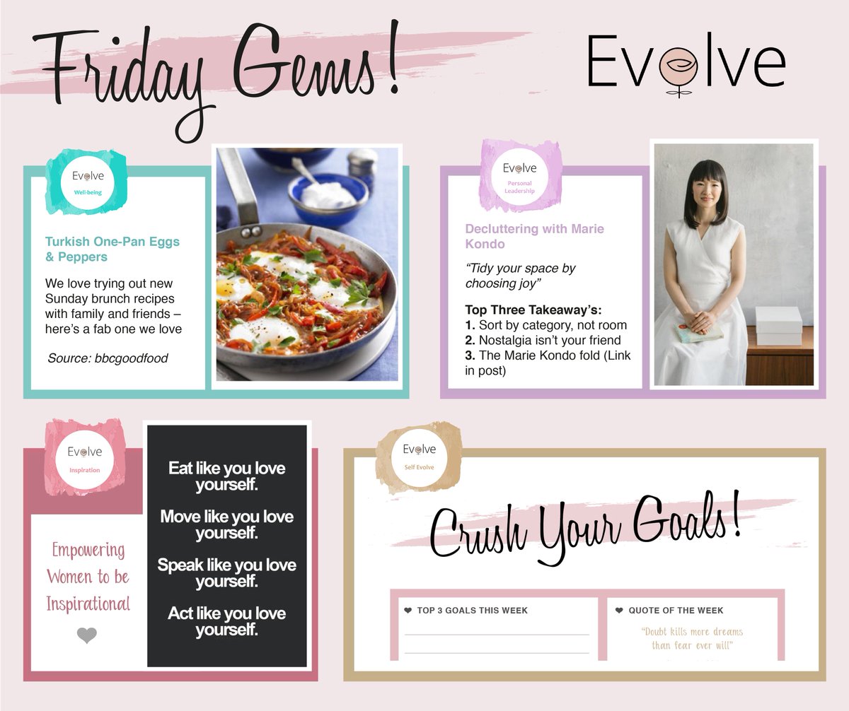 EvolveWomen_'s tweet image. Happy Friday everyone! Take a look at our Evolve Friday Gems!

Try our tasty recipe from @bbcgoodfood. Tidy your space by choosing joy with @MarieKondo and crush your goals with our Evolve planner!  docs.wixstatic.com/ugd/4eb387_a0a… #fridaygems #beyourownsuccess #evolvewomen #evolving