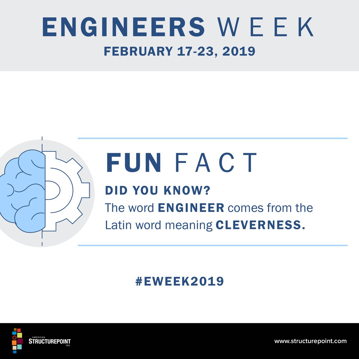 AmericanStrpnt's tweet photo. Happy #FunFactFriday, #EWeek19 edition!
American Structurepoint engineers aren’t just clever, they are innovative, collaborative, and problem-solvers. Learn more about our talented engineers and team of leaders! https://t.co/v948B6rKwF https://t.co/b8r7Nu0TWq