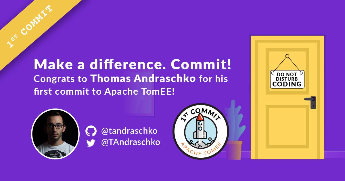 tomitribe's tweet photo. #FirstTomEECommit ! Thanks Thomas @TAndraschko for your first commit on @ApacheTomEE. Thomas is from Bavaria, Germany and is a member of the @MyFacesTeam team. They've recently released their #Apache #MyFaces Core 2.3.3. https://t.co/YtlVHHsGgy