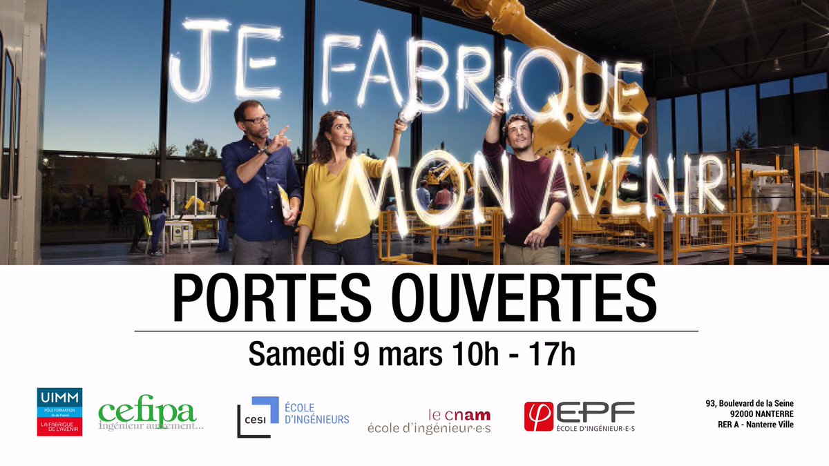 [#SAVETHEDATE]
Bac +2/3, venez rencontrer nos apprenants, enseignements formateurs et découvrez nos trois écoles d’ingénieurs en apprentissage à la #JournéePortesOuvertes du <a href="/Cefipa/">Cefipa</a>  !

Au plaisir de vous rencontrer !

#apprentissage #ingenieurs #cnam #cesi #epf #alternance