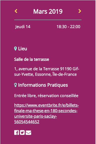 PSMISB's tweet photo. Rendez-vous le 14 Mars à 18h30 à la salle de le Terrasse à Gif-sur-Yvette pour soutenir Gwenaëlle @GwenalleJZQUEL1 lors de la finale régionale de #MT180 #UPSaclay. Tout l'ICSN @CNRS @UnivParisSaclay sera derrière toi ! https://t.co/M8JUsOUCs3 https://t.co/T50F5qzxC4