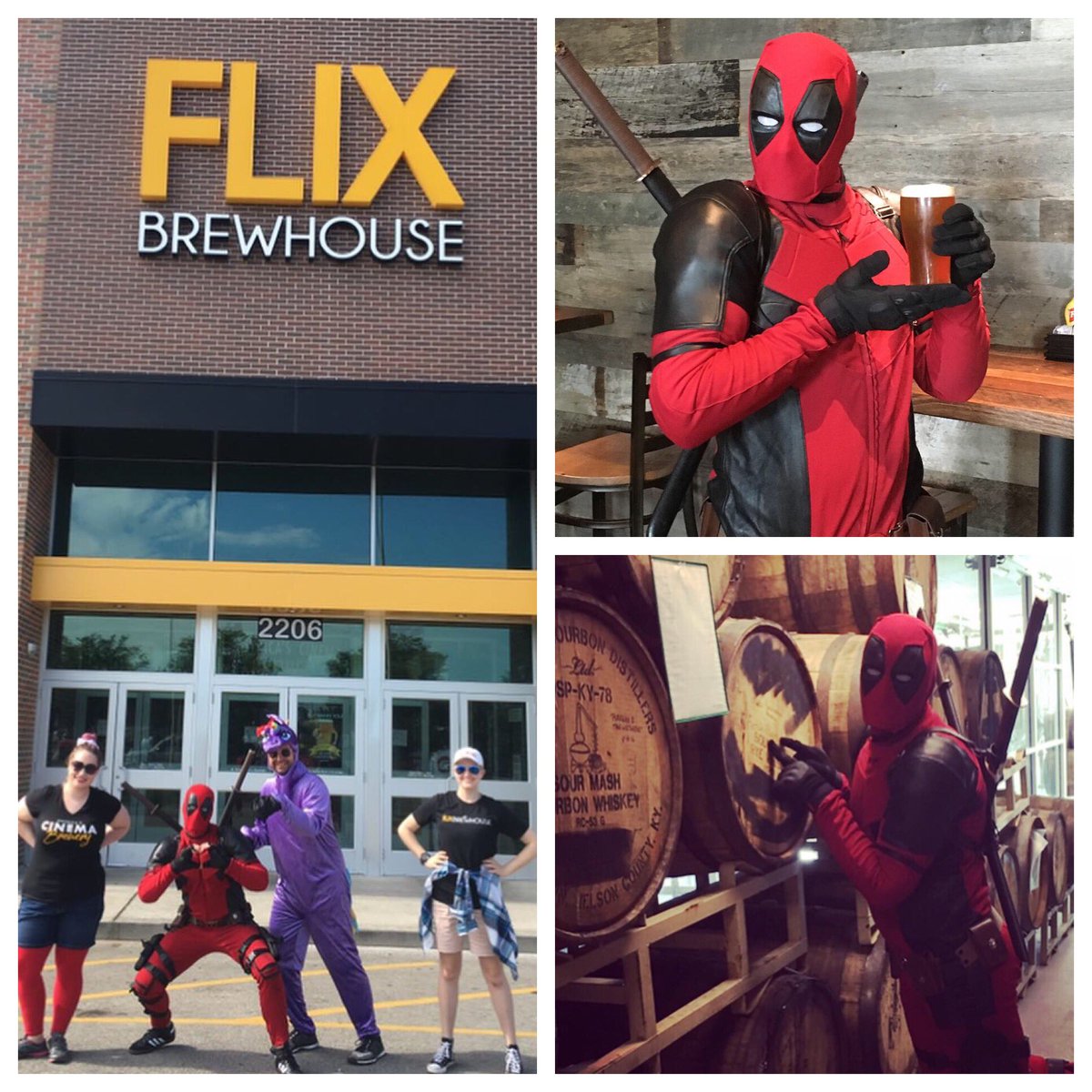Work4Flix's tweet photo. #FlashbackFriday Deadpool’s crazy matches our crazy, big time! #Deadpool #Funny #FunAtWork #FBF #Crazy #Work4Flix #JoinOurTeam #Costume #ComicBooks #Beer #CraftBeer #DrinkLocal #LinkInBio https://t.co/x22l3783zL