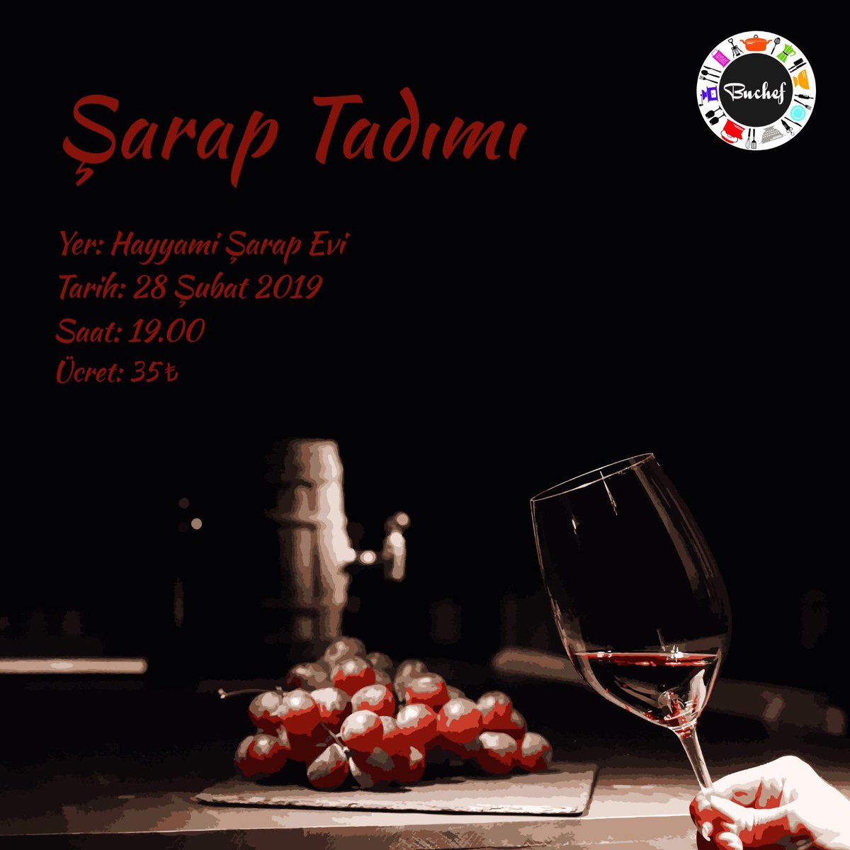 Dönemin 2. etkinliği ile karşınızdayızz 🎉 
Hayyami Şarap Evi'nide meyve tabağı eşliğinde 4 farklı kırmızı şarap tadacağız ve şarabı uzmanından dinleyeceğiz.🍷 
Hayyami’nin bize ufak bir sürpriz ikramı da olacak. 🤩
Kayıt formu profilimizdeki linkte!📋
#birtutamgastronomi