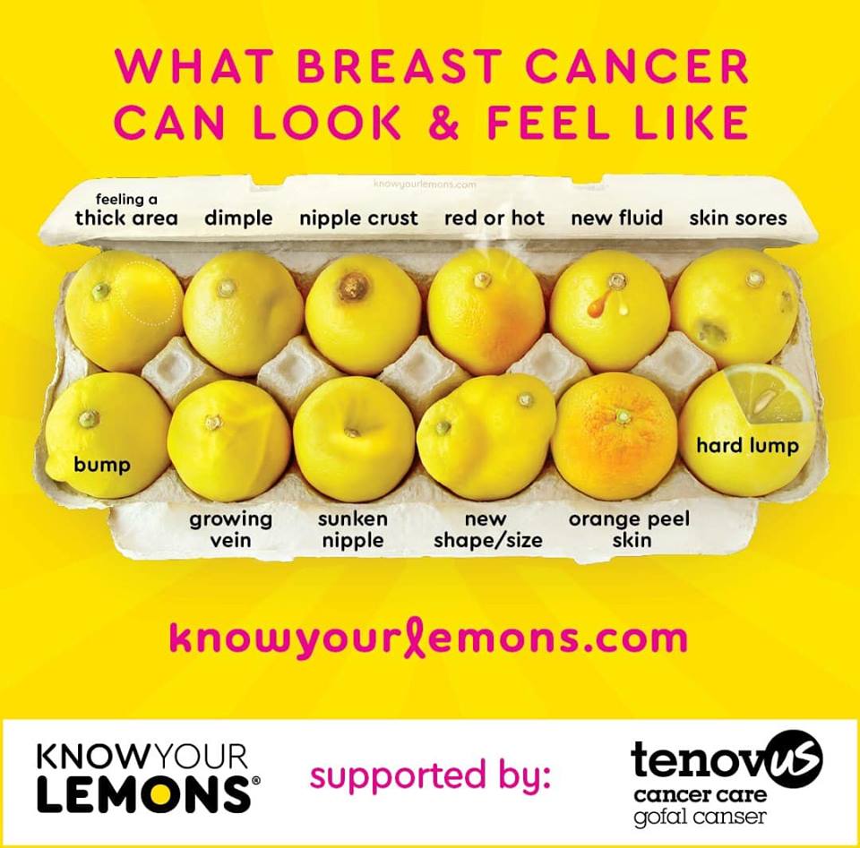 Breast cancer doesn't discriminate - it can affect any one of us at any time.

Here's a great pictorial example of what to look for and possible signs.  Please take note, and share this with your female family and friends. 

#knowyourlemons