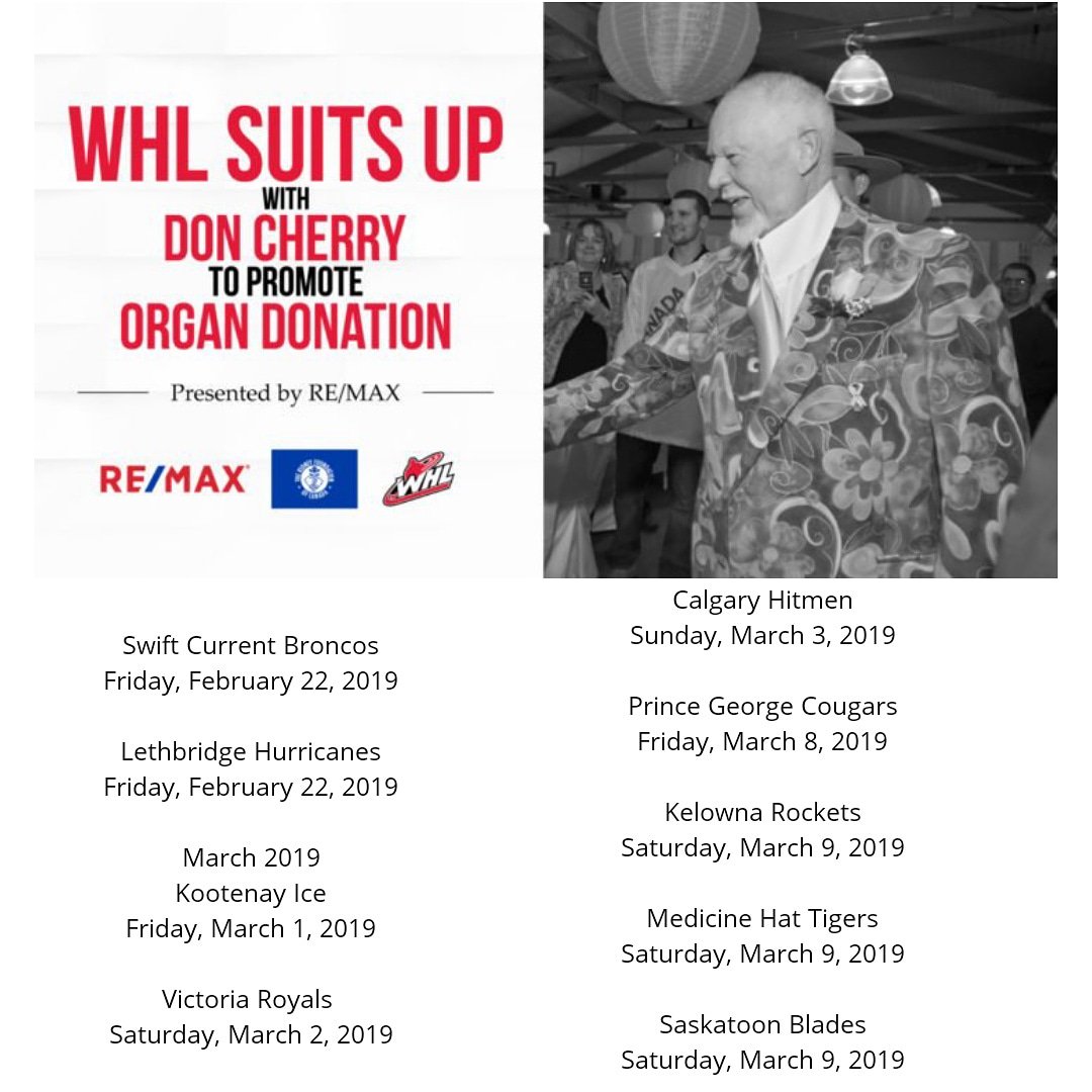 KidneyBCY's tweet photo. Remaining schedule for @TheWHL SUITS UP WITH DON CHERRY TO PROMOTE ORGAN DONATION presented by @REMAXca. Tonight @SCBroncos and @WHLHurricanes. Next week, games back in BC @WHLKootenayICE @victoriaroyals. https://t.co/wfHtN87uJG