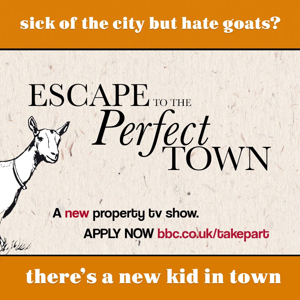 Want to escape the #ratrace but addicted to #coffeeculture? Want more space but need your 4G? Escape to the Perfect Town is a new #BBC show for those chasing the dream of moving to the UK’s most desirable towns. Visit bbc.co.uk/takepart to apply. #EscapetothePerfectTown