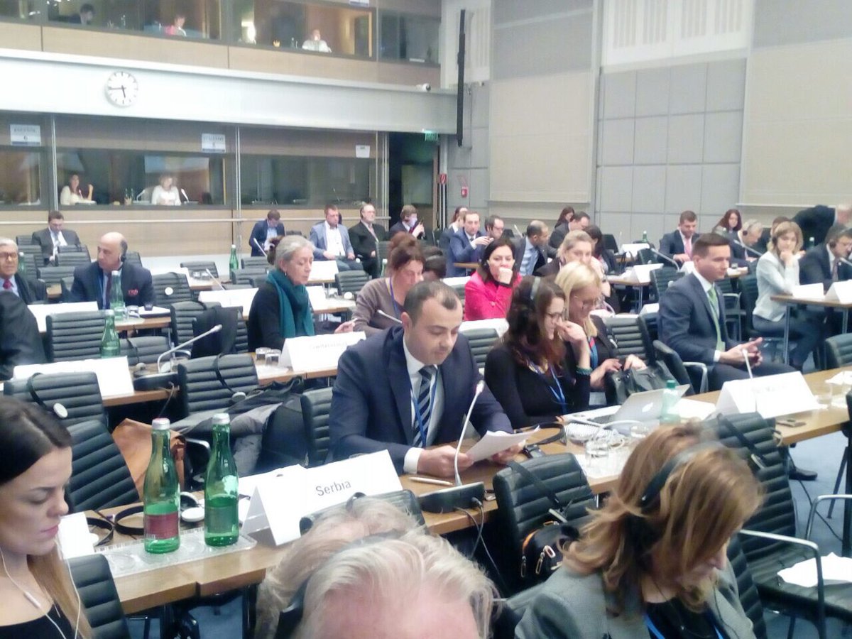 just_Stefana's tweet photo. .@ #Committee on #democracy Branimir Jovanović member of #Serbia delegation #oscepa raised the issue about depriving Serbian community #KosovoiMetohija from their right to be informed as a consequence of  “100%tariffs 
@harlemdesir @oscepa #HumanRights https://t.co/GkLeyC7Lev