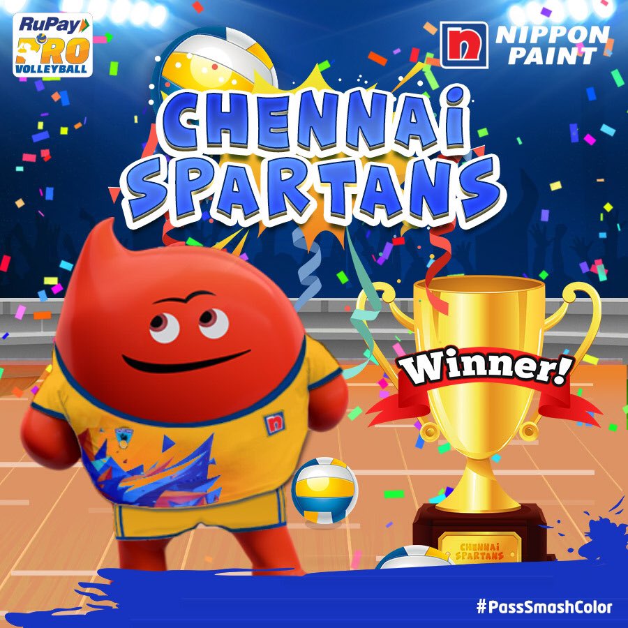 NipponIndia's tweet photo. Chennai Spartans crowned champions of the inaugural RuPay #ProVolleyball League.Thrashed Calicut Heroes 3-0 ending their unbeaten run in the finals.Who would've thought about that.Congratulations ChennaiSpartans.
#chennaispartanschampions
#PassSmashcolor #ThrillKaCall #RuPayPVL https://t.co/iVLn9xCT3d