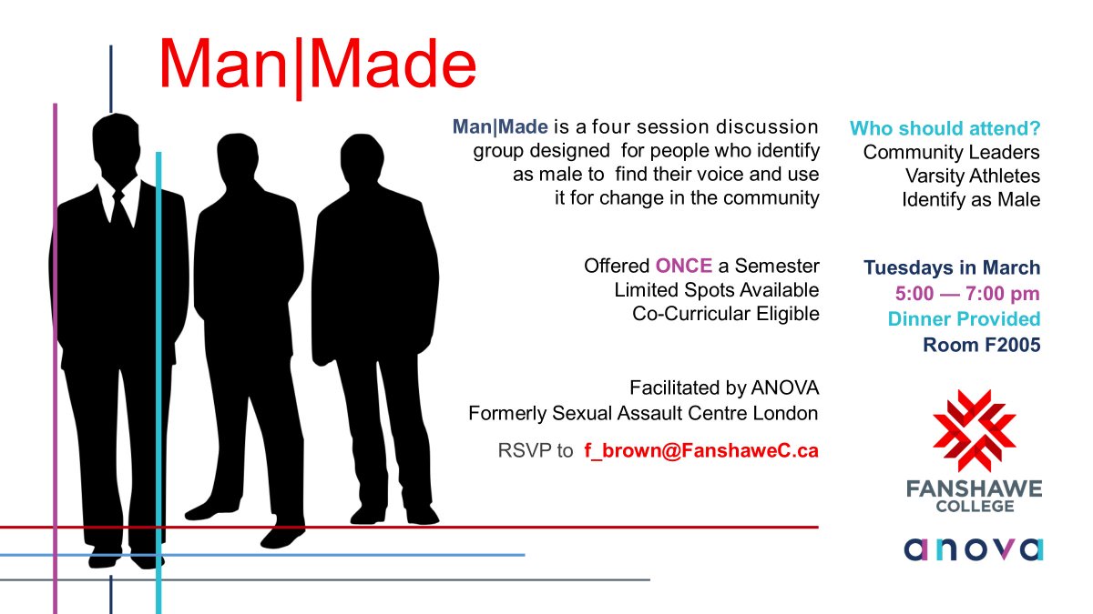 Man made is a four session seminar designed for student leaders, varsity athletes, and role models who identify as male. The program is designed to help young men find their voice, understand positive masculinity, and give them the tools to inspire social change. #GetInvolved