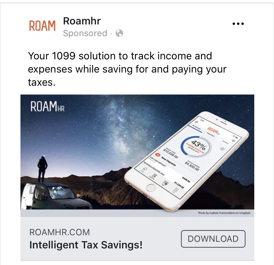 New social media ads have launched!!  #RoamHR #1099 #freelance #gigeconomy #gig #freelancer #selfemployed #Lyft #Uber
