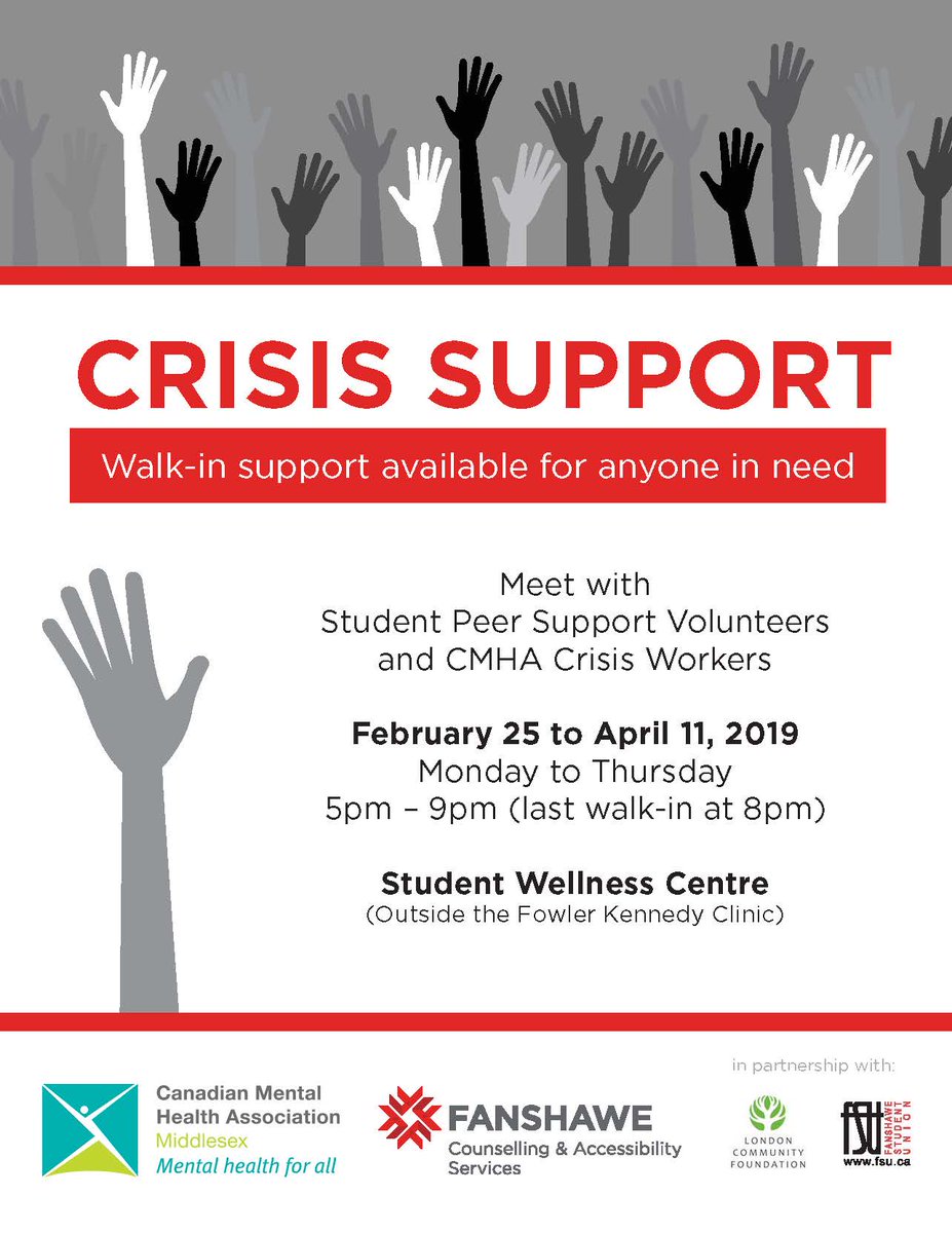 We have the CMHA Crisis Service on campus starting Monday. It runs February 25 – April 11 from 5:00 – 9:00 p.m., Monday – Thursday in SWC J1004. Please take the time to check out this great resource, and pass it along!