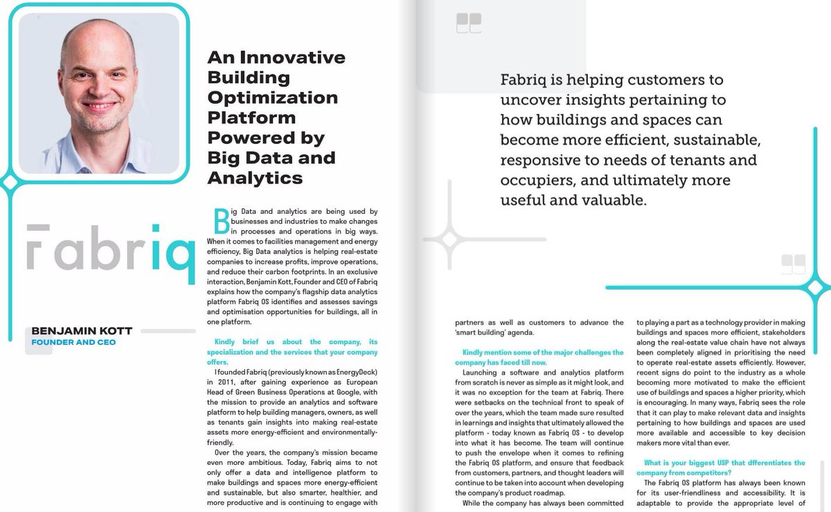 FabriqHQ's tweet image. &quot;An Innovative #BuildingOptimization Platform Powered by #BigData and #Analytics&quot; - We&apos;re excited to be featured today in the February issue of @analyticsinme, covering the 10 #cloudcomputing predictions that will transform 2019.

bit.ly/2SWBVOT