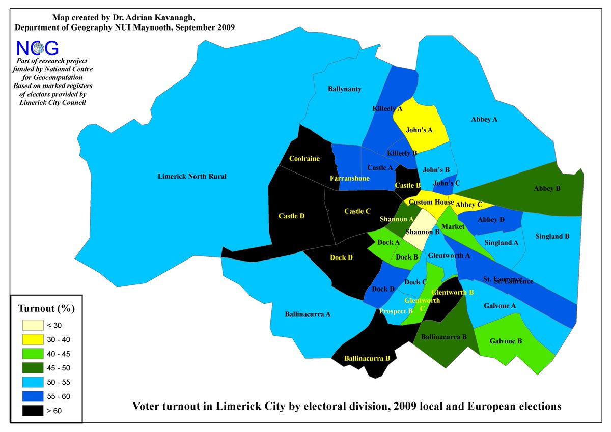 AdrianKavanagh's tweet photo. Highest turnout area in the City located just to the North of the River Shannon (focused on the Ennis Road), as well as the area immediately to the south of the Dock Road (heading westwards towards Foynes) #YearofGeography #LimerickWeek https://t.co/KhWR9O1LuC