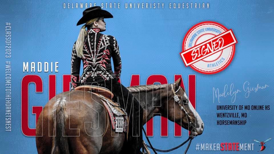 DSUEquestrian's tweet photo. Welcome to the Hornets nest, Maddie! #classof2023 #welcometothehornetsnest #dsu #dsueq #rideforher #ridencea #makeaSTATEment https://t.co/bhZ4Fo8yGK