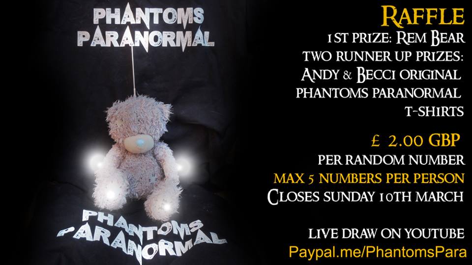 ElementalEncoun's tweet photo. Its raffle time! Win a Rem bear or 2 runner up prizes, Andy and Becci phantoms paranormal tshirts!
£2.00 GBP per number, max 5 numbers per person. Will draw all winners live on youtube https://t.co/rqiWpIlklh on 10th March at 8:30 UK GMT time.

https://t.co/3tLHnf2Sbt https://t.co/wNoDWyCHmb