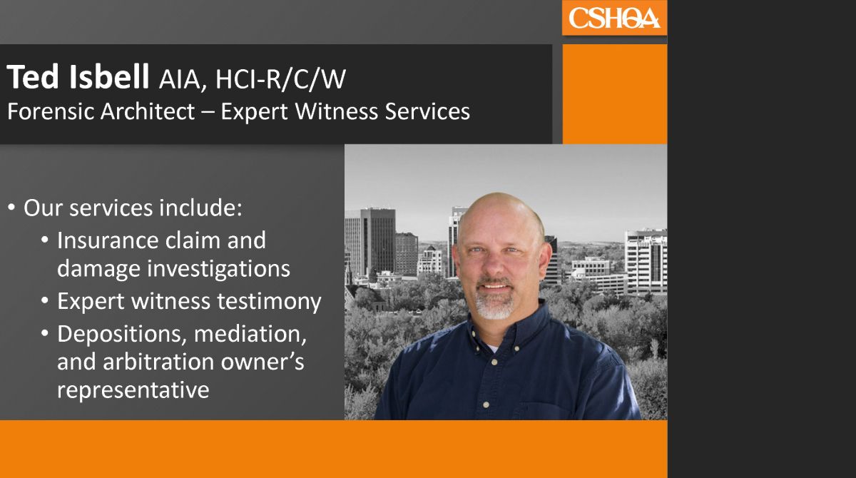 CSHQA's tweet photo. Did you know that CSHQA provides Expert Witness Services? Ted Isbell is sharing more today at the @IdTLA Spring Seminar, @GroveHotelBoise.
https://t.co/bc6CHZJ3dT
#IdahoTrialLawyers #ExpertWitness #BuildingForensics https://t.co/qURBi8609W