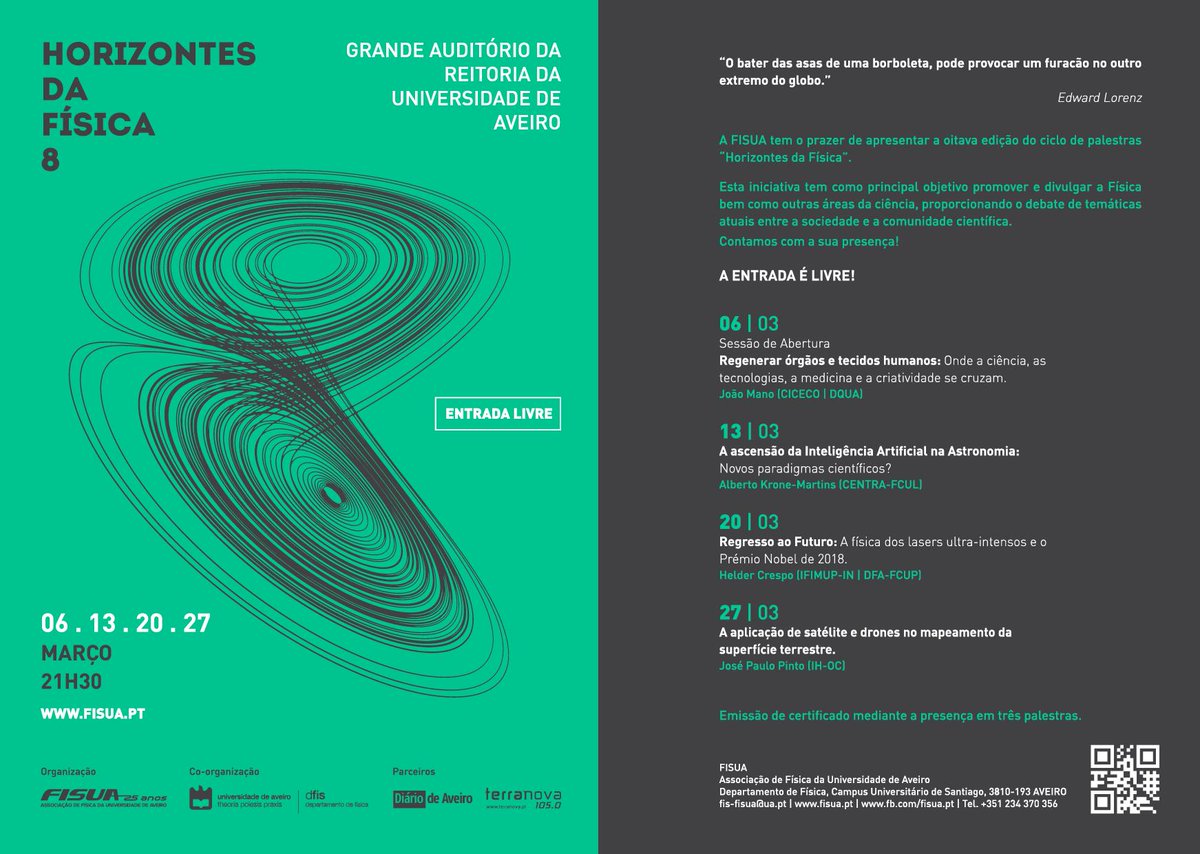 fisfisua's tweet photo. HORIZONTES DA FÍSICA 8

6 | 13 | 20 | 27
março 2019
21h30
Auditório Renato Araújo
(antigo Grande Auditório da Reitoria da Universidade de Aveiro)

https://t.co/0uXfcEAABX  
#FISUA #HF #HF8 #HorizontesdaFísica https://t.co/eq3jK66FCN