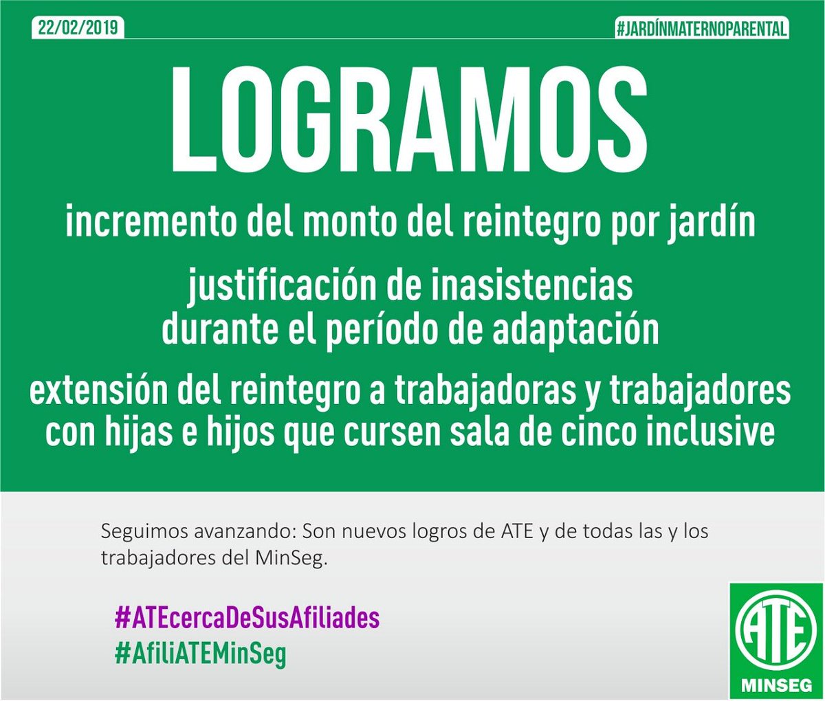 ATESeguridad's tweet photo. 👉🏼Fue a partir de nuestras propuestas en la Mesa Gremial. Además propusimos debatir: Concursos de pase a planta permanente, pases entre áreas y el pase a la planta del Ministerio del personal de limpieza. 

💚✨🇳🇬

#ATEcercaDeSusAfiliades
#AfiliATEMinSeg https://t.co/NmpCuC1aWL