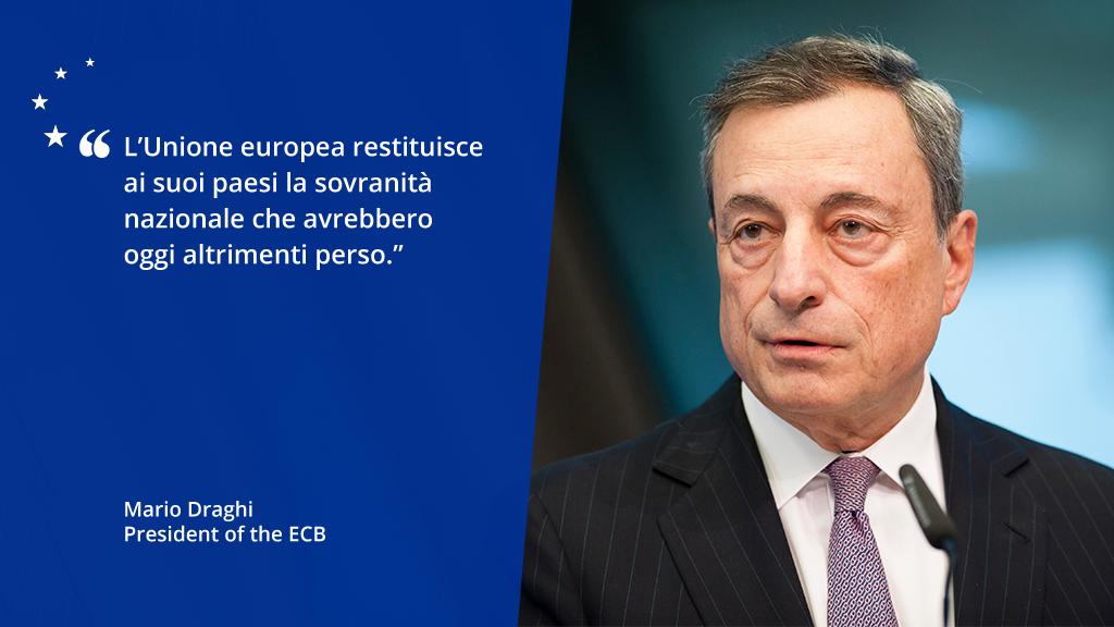 ecb's tweet photo. In un mondo globalizzato, i paesi per essere sovrani devono cooperare. Leggi il discorso del Presidente Draghi su come l’appartenenza all’UE aiuta gli Stati a essere sovrani proteggendoli da pressioni esterne e rendendo più efficaci le politiche interne https://t.co/hYHJ7YVvmW https://t.co/uj6Z37ax3h