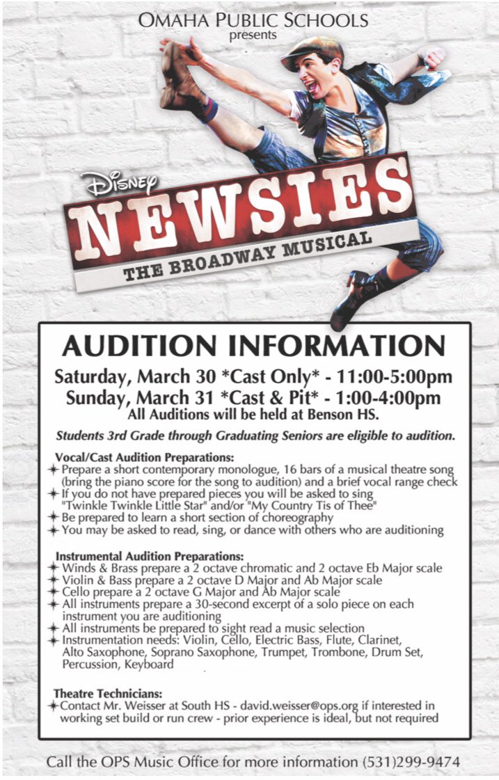 BensonDrama's tweet photo. Time to seize the day!! Auditions for this year’s summer musical, Newsies will be March 30th and 31st. See the flyer for more info. #OPSSummerMusical #Newsies #SeizeTheDay https://t.co/CfmSR92rwX
