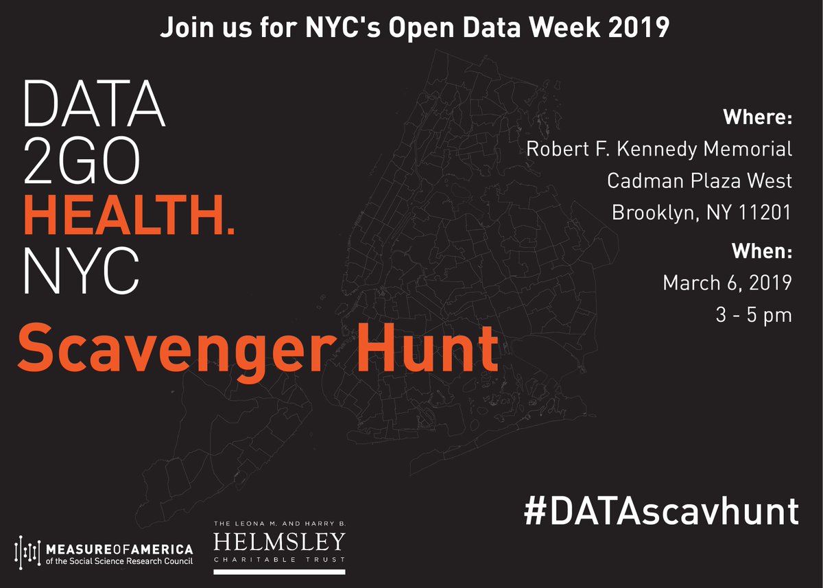 Do you like data and/or scavenger hunts? Join us during NYC Open Data Week for our first-ever scavenger hunt on March 6! Register here: ow.ly/7gTl30nM5S0 #DATAscavhunt #NYC #opendata