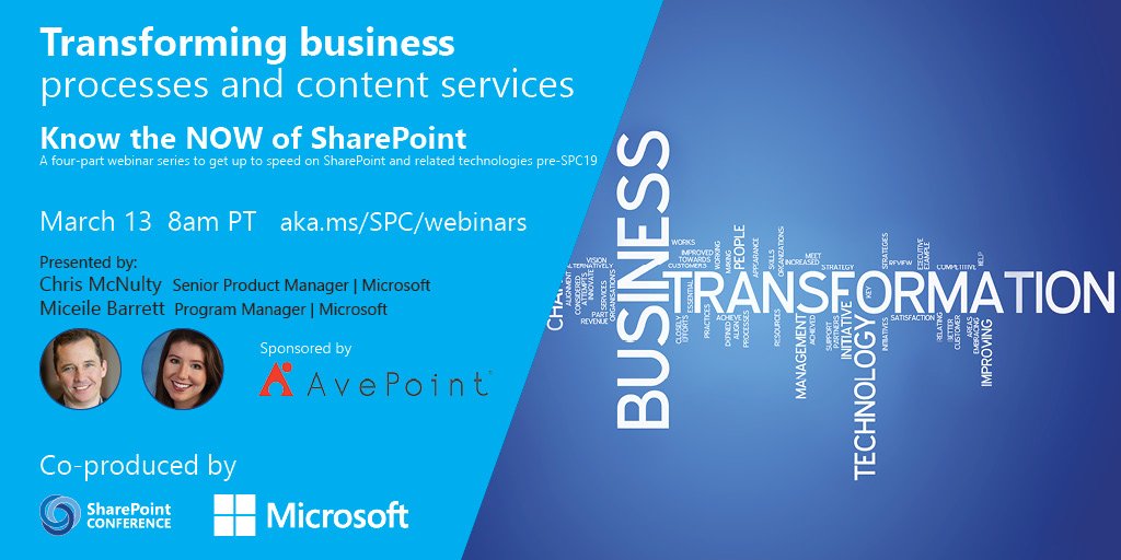 SharePoint's tweet photo. WEBINAR SERIES
The "Road to #SPC19" awaits you.
Kicking things off w/four @Microsoft + partners pre-sessions 📺
2/27 Share & work together
3/6 Employee engagement
3/13 Transforming business processes
3/20 Search & knowledge management
🛣️https://t.co/c347p2d5ml #addtocal 📅 https://t.co/dkmopgHqKD