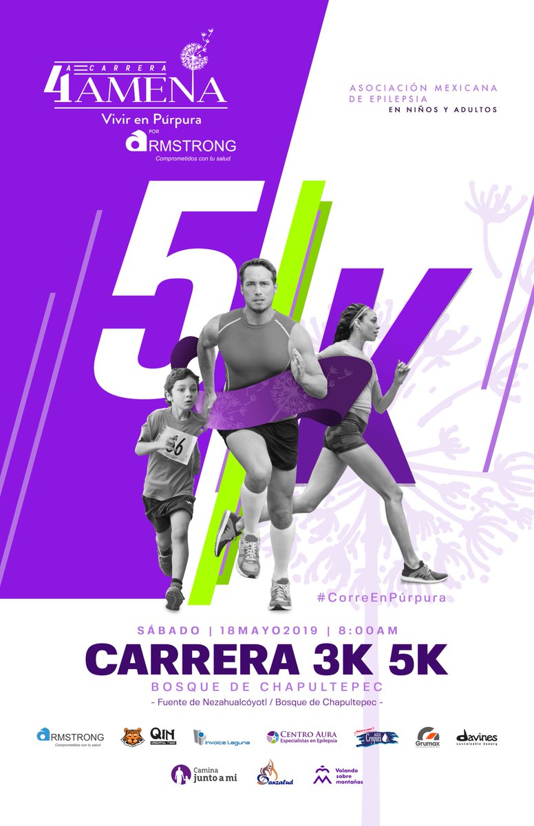 AmenaEpilepsia's tweet photo. #FelizViernesATodos esperamos su participación en la Carrera AMENA #CorreEnPúrpura por la #Epilepsia gracias a nuestros patrocinadores: @GrumaxOficial @DavinesMex @InvoiceLaguna https://t.co/bokQm3a45A