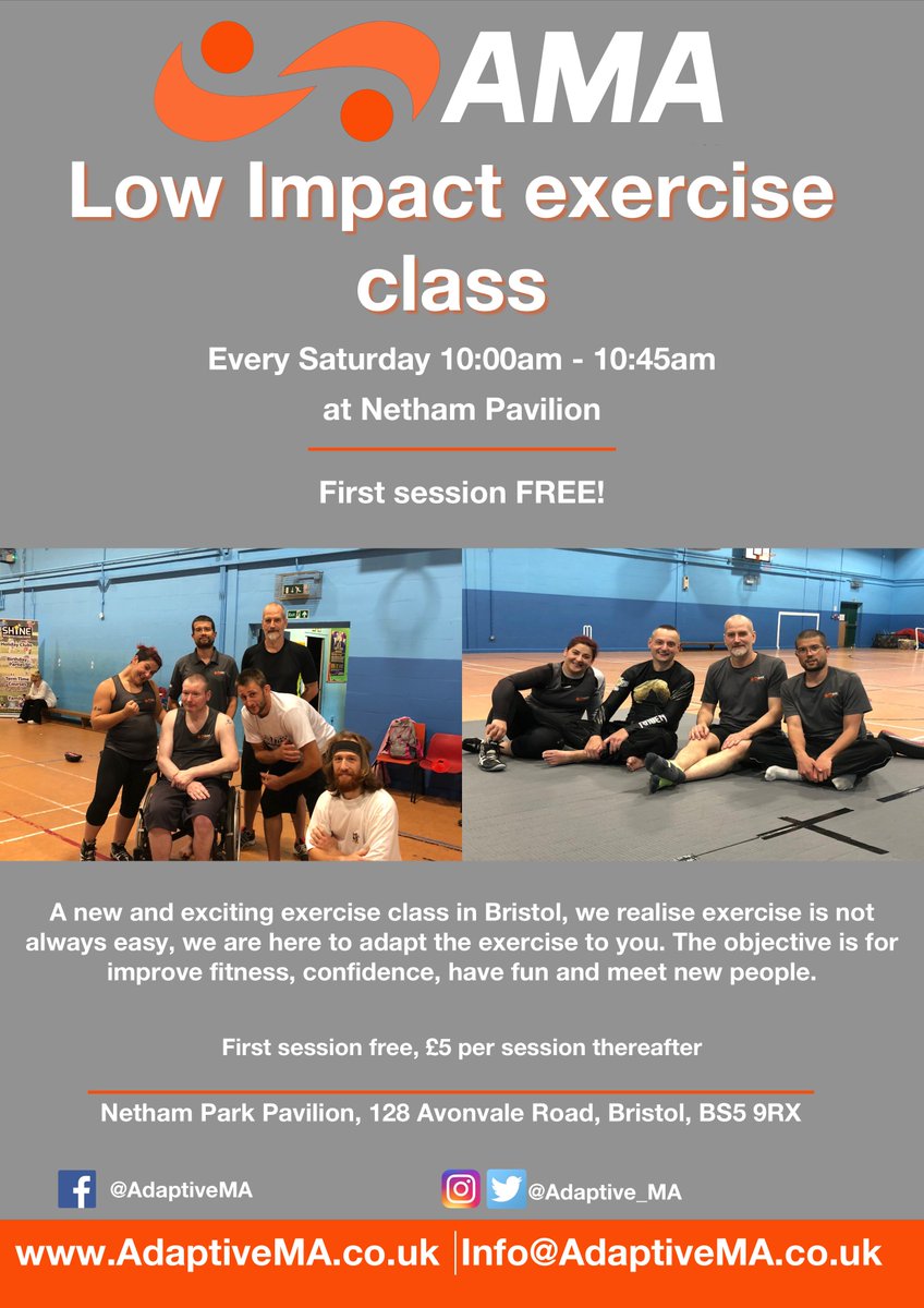 Adaptive_MA's tweet photo. We are looking forward to seeing everyone this weekend for our classes.

Our classes are fully inclusive, for all abilities &amp; disabilities.

Our Low Impact class is tomorrow 10:00-10:45 at Netham Park Pavilion, #NethamPark, #Bristol, BS5 9RU

#ExerciseClass #FitnessClass https://t.co/ofzDvlWx0S