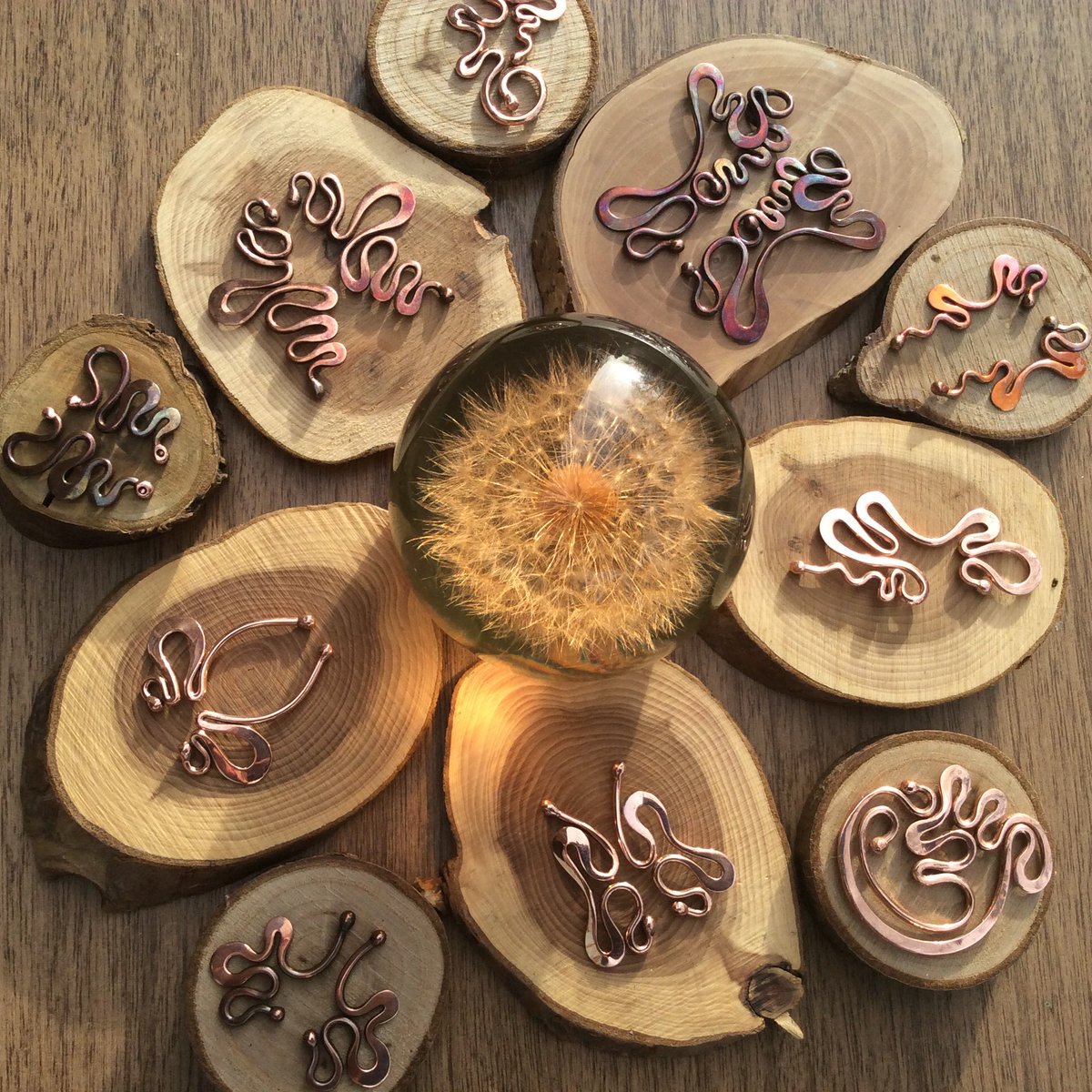 ChristinasWork's tweet photo. So here are my efforts making #copper #jewellery with #earnings, #pendants and #rings, pictured without ear hooks they will be #silver once added. I'm experimenting with different finishes and #patinas for the copper. I will also be making similar in silver in the coming weeks. https://t.co/dNRl0Sk586