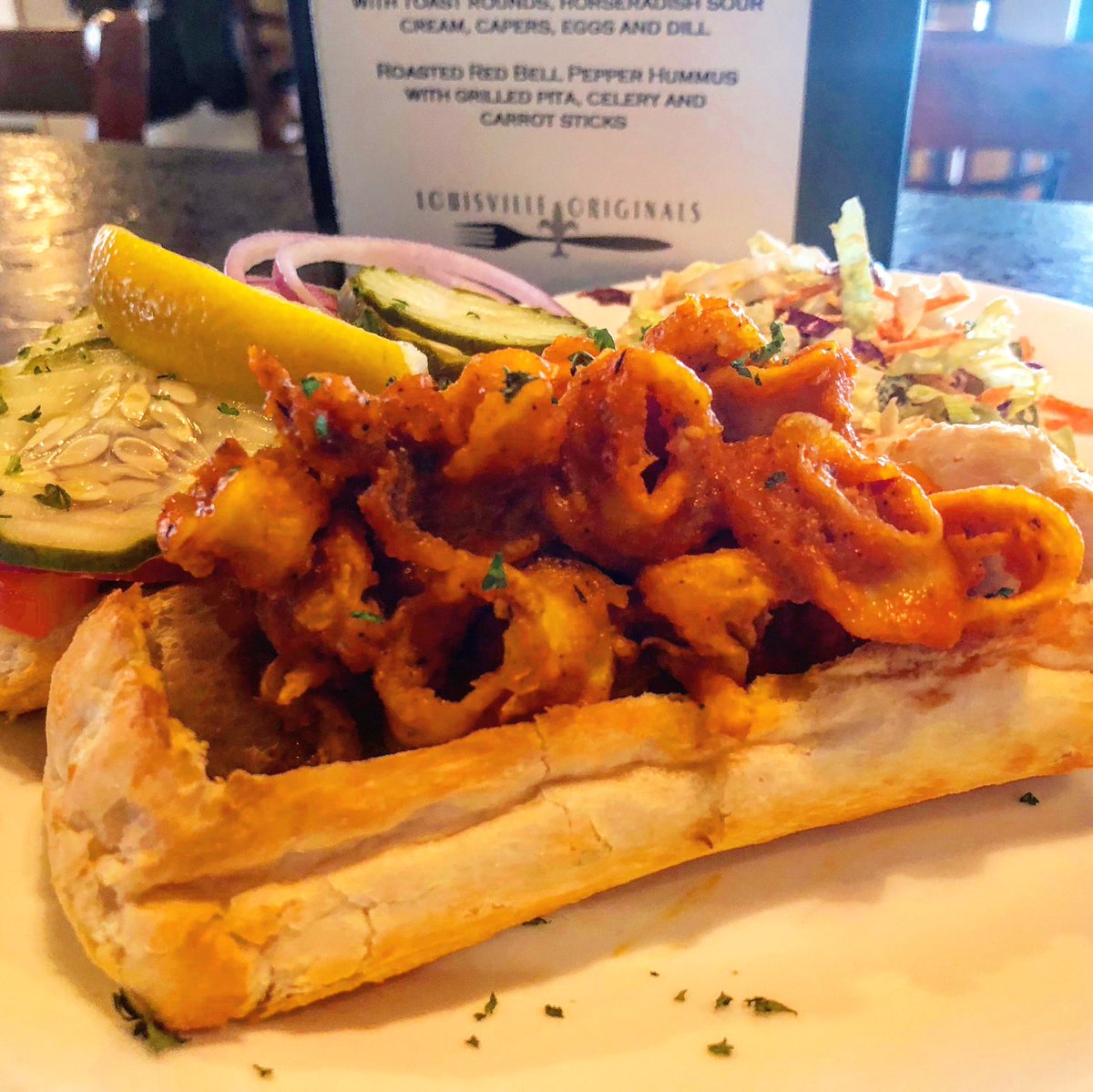 uptnlouisville's tweet image. Buffalo calamari Po Boy sandwich w/ blue cheese slaw at lunch today @uptnlouisville #poboy #calamari #buffalostyle #yummy #yummyfood