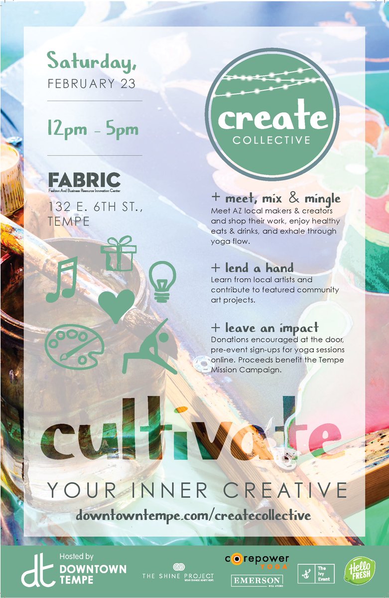 NicoleRoyseArt's tweet photo. Donโt miss @DowntownTempe first-ever #CreateCollective event connecting creatives from all over the Valley! Event includes yoga, interactive art projects, artist & makers showing/selling wares, food/drink & vintage airstream photo booth! Sat 2/23 12-5pm https://t.co/fkAbISMTUF https://t.co/hg3QNjg1cC