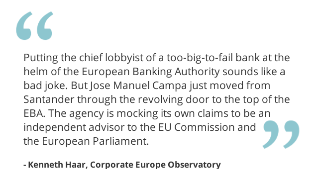 corporateeurope's tweet photo. When a top financial industry lobbyist becomes the EU banking authority's new top dog, it's time to hit the 🚨🚨#RevolvingDoors🚨🚨 alarm.  @EBA_News #Campa Apparently, we're supposed to have forgotten what happens when banking industry lobbyists shape the agenda... https://t.co/cCcw0KZIFi