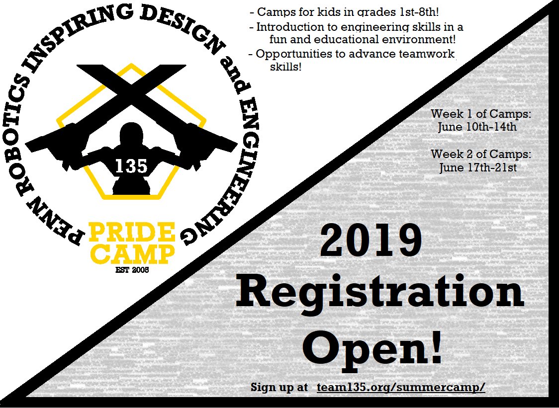 pennRoboCamp's tweet photo. The 2019 PRIDE Summer Camp sign ups are officially open! More information on this year’s camps and the registration can be found at  https://t.co/KzJ8JhgAAt. Get your kids signed up today! #robotics  #2019PRIDECamp #engineering #SafetyFirst https://t.co/t0fCezu5Ch