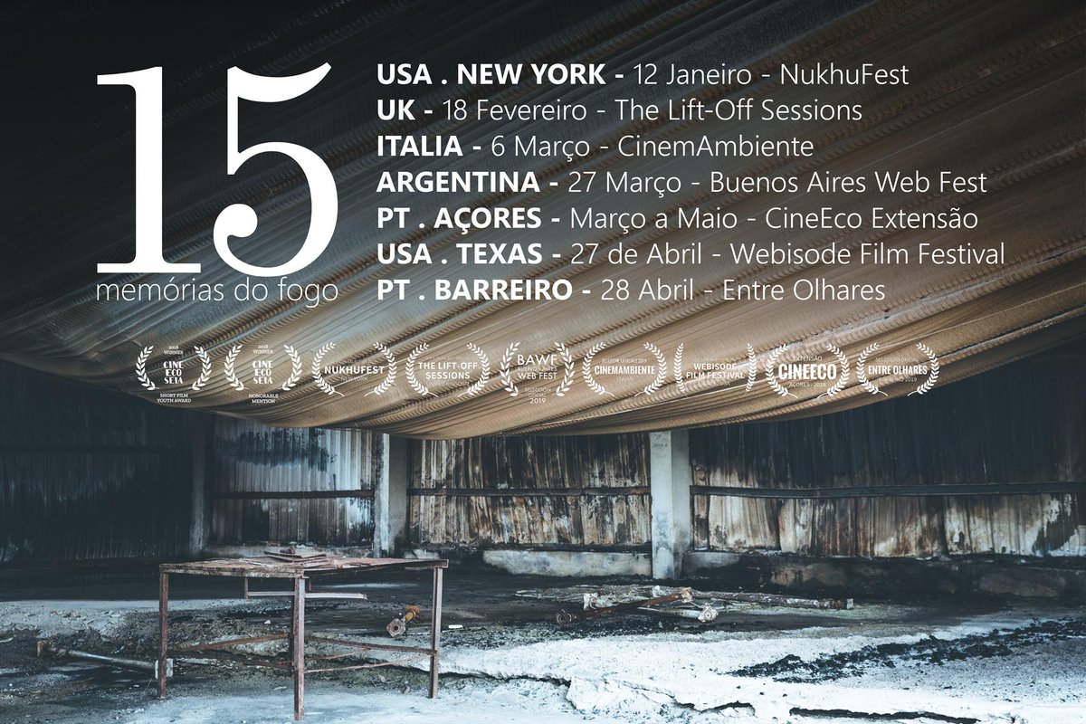 15Memorias's tweet photo. #15MemoriasDoFogo pelo mundo! 
Depois de vencer dois prémios no @CineEco 2018, a webserie rodada no pós incêndio de #15Out2017, compete com grandes produções internacionais.
Em 2019 a viagem começa no continente americano, mais concretamente em New York (@nukhufest). https://t.co/Hefd9IPXBn