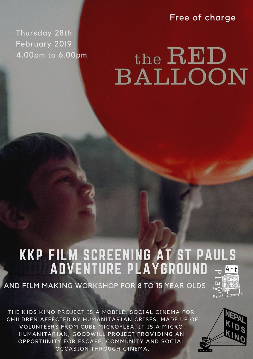 The incredible Kids Kino Project will be screening Red Balloon here at St Pauls Adventure Playground on Thursday 28th February for children.  Free Entry.
