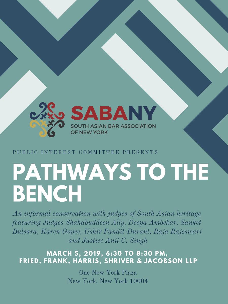SouthAsianBarNY's tweet photo. Event Reminder: Pathways to the Bench Event | March 5, 2019 | Fried Frank Harris Shriver &amp; Jacobson | One New York Plaza, New York, NY 10004 - https://t.co/b5Wacu57CG https://t.co/4btBTEXnyN