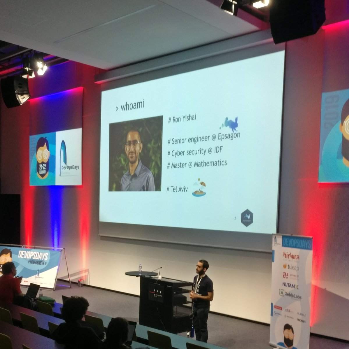 DevopsdaysGe's tweet photo. Last talk for this first edition by @RonYishai from @epsagon. He talks about #Serverless and how to avoid bottlenecks. 
#DevOpsDays #Geneva https://t.co/erNd3jnOSG