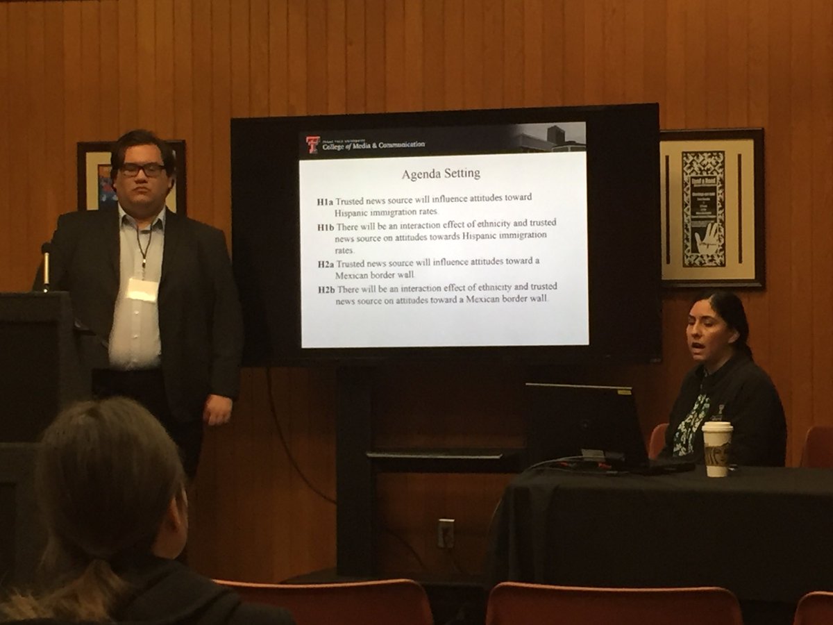 TTU College of Media &amp; Comm PhD students Joshua Dunn &amp; Christina Najera speak on trusted news sources and ethnicity’s influence on attitudes towards Hispanic immigration issues. #HLMM2019  #MyCoMC