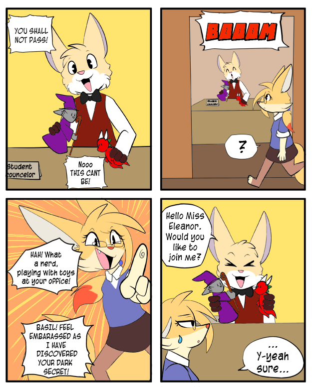 AsuraKitsune's tweet photo. Eleanor found her opportunity to embarass Basil, after he found her dancing on top of her desk.
Needless to say Basil could care less 

Tumblr:

https://t.co/WQQFR4o24f
#webcomic #comicstrip #fennecfox #atgoodpace https://t.co/DaUOXnY06K