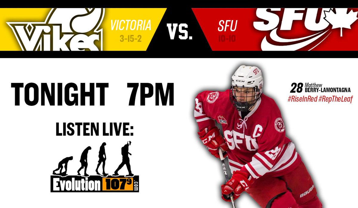 evolution1079's tweet photo. TONIGHT: It's the first of a weekend back-to-back as #4 @SFUhockey hosts #5 @UVicHockey. @CadenFanshaw and @matthewabrey will have the call at 7pm LIVE on Evolution 107.9! #RiseInRed #RepTheLeaf #NCAAEh
.
.
.
@uvicvikes @uvic @uvicnews @bcihl @SFU @SFSS1 @SFUClan @PeakSFUSports https://t.co/py8bKHPnSL