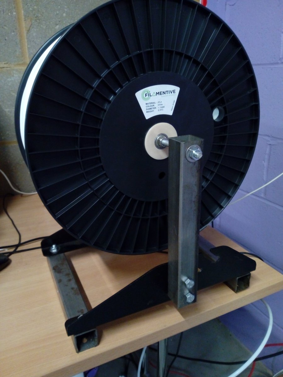 alexgibson3d's tweet image. Is this the most #overbuilt #3dprinter #filament spool holder?  Has someone gone further, maybe welded one?  
Pleased with it - there is so little friction the 8.5kg reel would spin for minutes - I had to add friction back in!  
@filamentive
