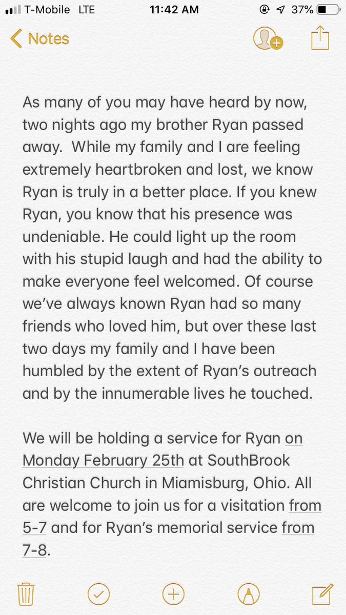 ariggi_'s tweet photo. We will be holding a service for Ryan on Monday February 25th at SouthBrook Christian Church in Springboro, Ohio. All are welcome to join us for a visitation from 5-7pm as well as Ryan’s memorial service from 7-8pm. https://t.co/meRu2YUB7f
