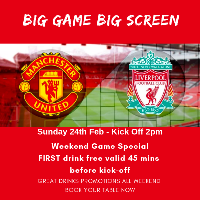 sthelenshotel's tweet photo. The BIG GAME WEEKEND - @ManUtd vs @LFC this weekend and why not enjoy it on the BIG SCREEN - Come along to St. Helens' newest Sports Bar with BIG SCREENS and lots of FREE DRINK promotions - book your table now on 01744 453 444! #biggame #PremierLeague #football https://t.co/QNxsCI19xl
