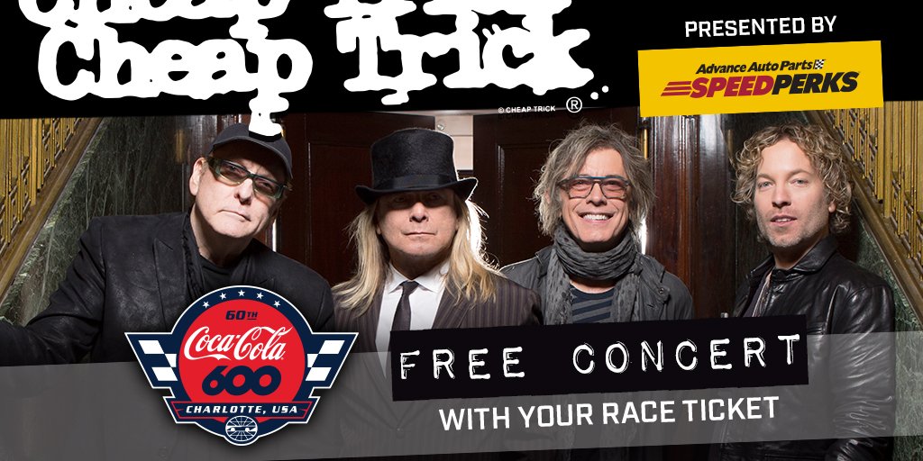 CLTMotorSpdwy's tweet photo. NEWS:  60th #CocaCola600 to include Pit Party w/ @CocaColaRacing drivers past and present including @austindillon3, @kylepetty &amp; @JeffBurton plus a rockin' pre-race concert by Rock and Roll Hall of Famers @cheaptrick presented by @AdvanceAuto #SpeedPerks 

https://t.co/q2fadJNXuK https://t.co/Rd78oe6RHl