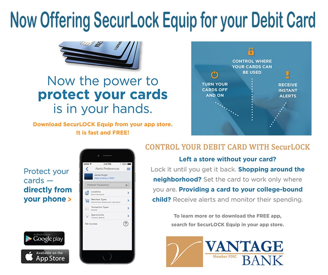 VantageBank's tweet photo. Vantage Bank is now offering SecurLOCK Equip for your debit card.  Call us for more information at 256-878-8799. https://t.co/KsovRTivzC
