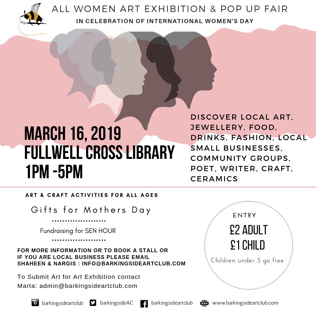 BarkingsideAC's tweet photo. Join us on March 16th for the #InternationalWomensDay2019 Fair &amp; Art Exhibition! 1pm - 5pm, #FullwellCrossLibrary. 
Call out to local #womenartists, stall holders and local business women.
@RedbridgeLibs @DoMoreRed @IlfordRecorder @CommuniHub @CultureTeam https://t.co/cyWlvFsmd6