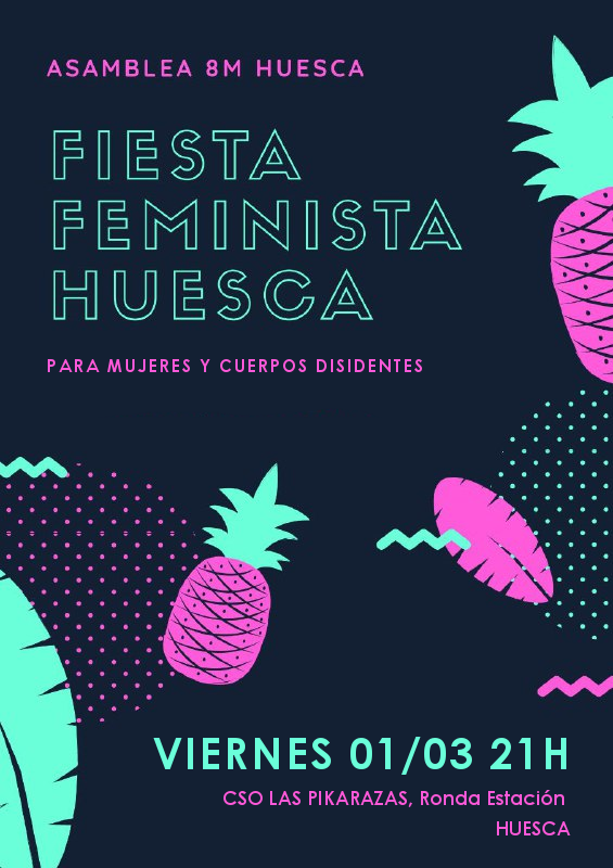 Estamos agradecidaes y emocionadaes de presentar el eventazo festivo del mes: La fiesta feminista
Si estáis fuera de #Huesca no dudéis en venir, tenemos conexión directa en tren y bus :) #hacialahuelgafeminista #HuelgaFeminista2019 #HuelgaFeminista #8M2019