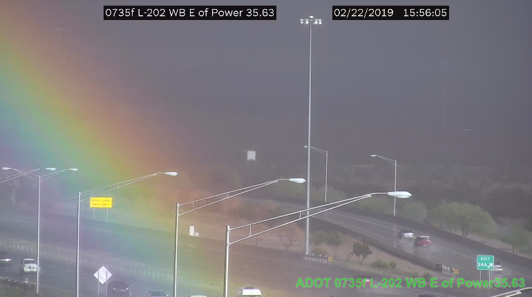 ArizonaDOT's tweet photo. After all that rain/snow/sleet/graupel, the sun finally comes out and we caught this rainbow in the East Valley. If anyone is interested, we believe this means there is  a pot of gold on the shoulder of the L-202 Santan between Power and SR 24. https://t.co/hYb8X2Xzwa