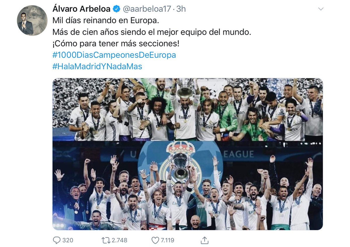 FernandoTarpi_'s tweet photo. Hola @aarbeloa17
El #RealMadrid “reinando” en Europa. Felicidades de parte de @FCBayernES @juventusfces @PSG_espanol @Atleti
Secciones ? Con 2 Pasaportes falsos y un campo atrás, tu Madrid podría acercarse a las 40 nuestras 😉
@3gerardpique ya levantaba Champions en Manchester 😘 https://t.co/KxD6MO8a2c