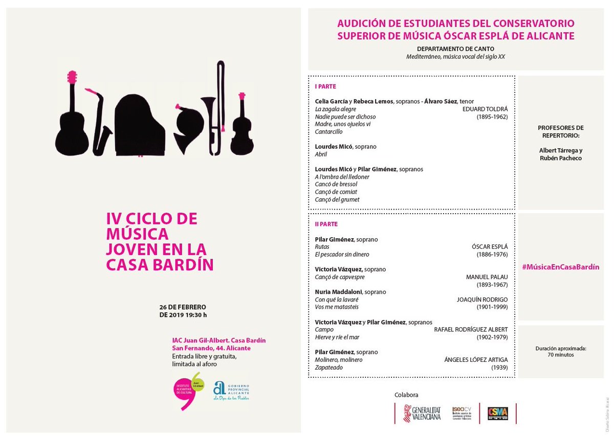 GilAlbertIAC's tweet photo. 🎼Martes, 26/2-19:30 vuelve el ciclo «Música joven en la #CasaBardín» con los @aecsma del @csmalicante ; te invitamos a escuchar las voces de 6 sopranos y 1 tenor del departamento de #Canto quienes interpretarán el concierto de cámara "Mediterráneo, música vocal del siglo XX". https://t.co/U3rMYv2SEG